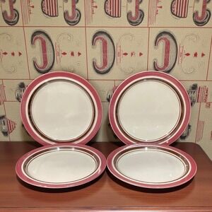 Sango Carousel Stoneware Salad Plates #807, Set of 4, Cranberry & Brown Bands